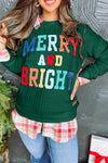 Women's Blackish Green Merry & Bright Cable Knit Pullover Sweatshirt - Cozy Holiday Style, Perfect for Winter Layers