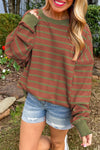 Chic Loose-Fit Brown Striped Women's Sweater with Round Neck and Drop Shoulders for Effortless Cozy Style