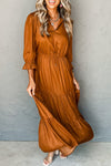 Elegant Women's Gold Flame Tiered Maxi Dress with Flounce Sleeves & V-Neck - Perfect for Summer Events and Parties