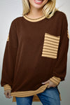 Chic Women's Dark Brown Striped Long Sleeve Top with Twisted Ribbed Texture and Contrast Round Neck for Effortless Style