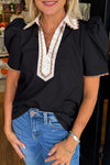 Chic Women's Black Color Block Blouse with Ricrac Trim - Short Sleeve Casual Top for Effortless Style