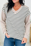 Chic Women's Khaki Striped V-Neck Long Sleeve Top with Twisted Ribbed Design - Effortless Patchwork Style