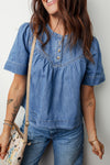 Beau Blue Denim Women's Top with Pleated Detail, Half Button, Short Sleeve - Casual Fit for Effortless Everyday Style