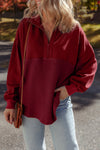 Cozy Women's Red Dahlia Waffle Knit Half-Zip Sweatshirt with Patchwork Design for Casual Everyday Wear