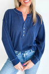 Women's Relaxed Fit Navy Blue Twisted Ribbed Long Sleeve Top with Half Button for Effortless Casual Style