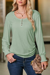 Chic Smoke Green Women's U Neck Henley Top with Smocked Cuffs & Side Drawstring for Comfort and Style