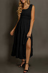 Chic Black Midi Dress for Women - Sleeveless, Shirred Pleats, Square Neck, Flattering Fit for Parties & Events