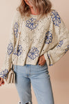 Chic Women's Beige Eyelet Sweater with Floral Print & Drop Shoulder Design for Effortless Casual Style