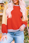 Women’s Casual Orange Color Block Raglan Sleeve Top with Side Slits - Relaxed Fit for Effortless Style