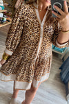 Women's Khaki Leopard Print V-Neck Mini Dress with 3/4 Sleeves and Trendy Striped Patchwork for Stylish Summer Outings
