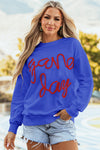 Women's Trendy Dark Blue Graphic Sweatshirt with Tinsel Detail, Relaxed Fit for Game Day Style and Ultimate Comfort
