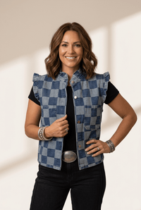 Women's Beau Blue Checkered Denim Vest with Ruffle Accents made for easy styling and wardrobe coordination, with premium-like structure and finish.