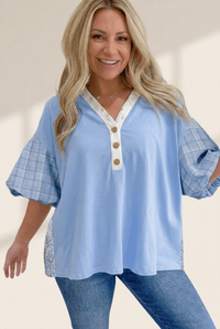 Women's Beau Blue Color Block Plaid Blouse with Bubble Sleeves
