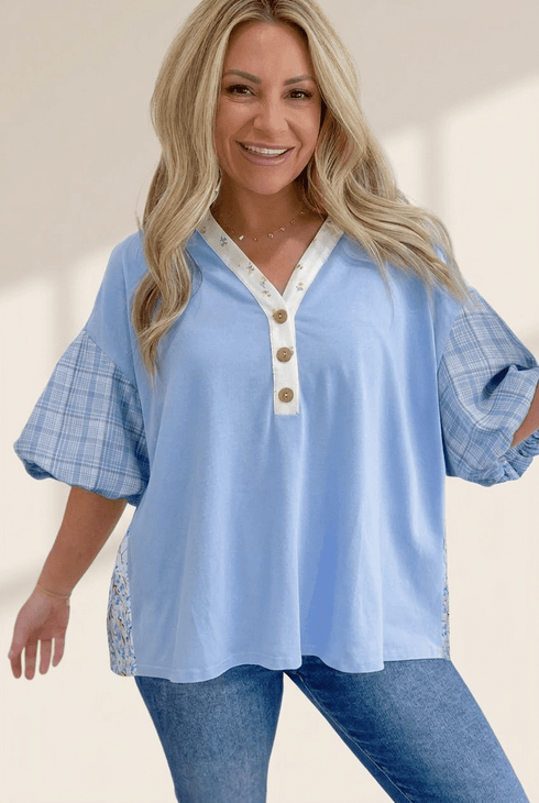 Women's Beau Blue Color Block Plaid Blouse with Bubble Sleeves