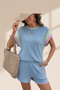 
Women's Beau Blue Corded Rib Two-Piece Short Set with Colorblocking