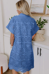 Beau Blue Solid Color Eyelet Embroidered T Shirt Mini Dress
