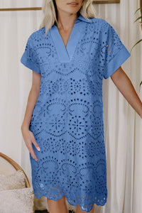 Beau Blue Solid Color Eyelet Embroidered T Shirt Mini Dress