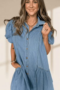 Women's Beau Blue Denim Puff Sleeve Ruffle Hem Mini Dress