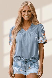 Women's Beau Blue Embroidered Split Neck Blouse with Floral Sleeves