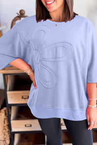 Women's Beau Blue Floral Relief Knit Top with Drop Shoulders