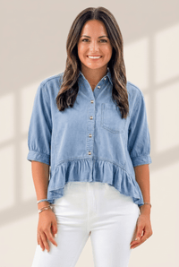 Women's Beau Blue Lyocell Chambray Ruffle Hem Blouse