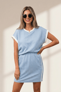 Women's Beau Blue Quilted Two-Piece Skirt Set with Contrast Trim