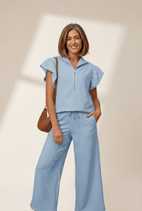 Women's Beau Blue Ruffle-Sleeve Wide Leg Two-Piece Set