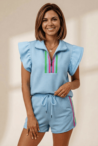 
Women's Beau Blue Ruffled Short Set with Striped Accents