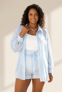 Beau Blue Sheer Tunic & High-Waist Drawstring Shorts Set