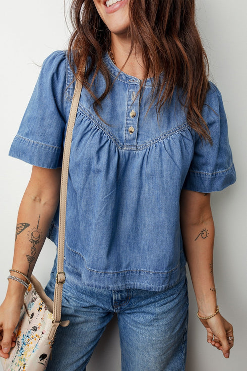Women's Beau Blue Soft Cotton Denim Pleated Blouse
