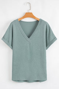 Beau Blue Textured Wide Sleeve V Neck T Shirt