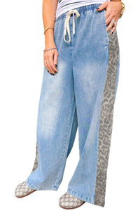 Beau Blue Drawstring Elastic Waist Leopard Striped Side Panel Wide Leg Jeans