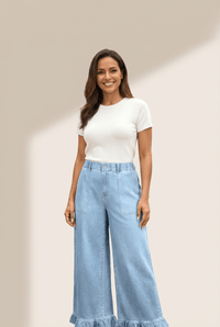 Women's Beau Blue Wide Leg Ruffle Hem Plus Size Denim Pants