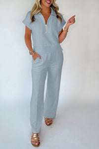 Women's Beau Blue Women's Casual Half-Zip Polo Tee and Pants Set - Chic, Comfortable Everyday Outfit in Versatile Blue