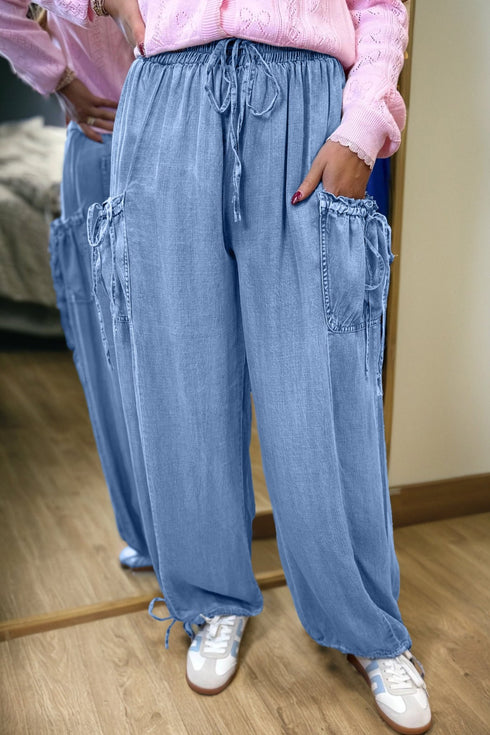 Women's Beau Blue Women's Casual Loose Fit Denim Pants with Drawstring, Elastic Waist, and Pockets for Ultimate Comfort
