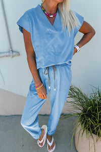 Women's Beau Blue Women's Casual V-Neck Tee and Drawstring Pants Set - Chic, Comfortable Outfit for Everyday Style