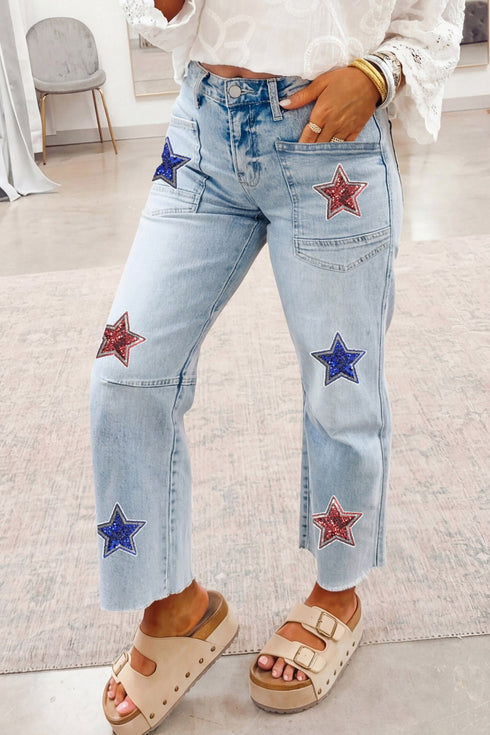 Beau Blue Women's Patriotic Sequin Star Pocket Jeans - Trendy Casual Shift Style for Effortless Summer Chic