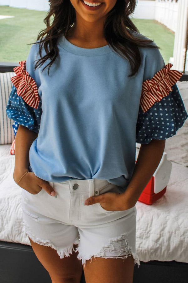 Women's Beau Blue Star and Stripe Puff Sleeve Patriotic Top with practical styling and dependable silhouette control.