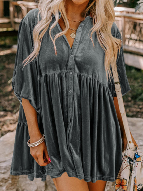 Velvety Dark Grey Babydoll Tunic with 3/4 Sleeves