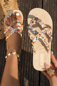 Women's Beige Boho Chic Women's Flip Flops - Stylish Woven Summer Slippers with Caged Design for Ultimate Comfort