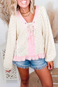 Women's Beige Floral Print Long Sleeve Blouse with Color Block Trim and Lace-Up V-Neck