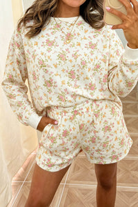 Beige Floral Print Long Sleeve Women's Shift Set with Pockets - Stylish Two-Piece Outfit for Spring and Summer