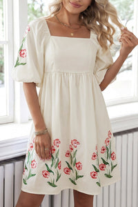 Beige Floral Puff Sleeve Babydoll Dress for Women - Cute Summer Outfit for Casual Outings and Everyday Comfort