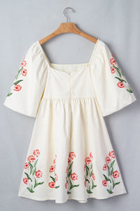 Beige Floral Print Puff Sleeve Babydoll Dress