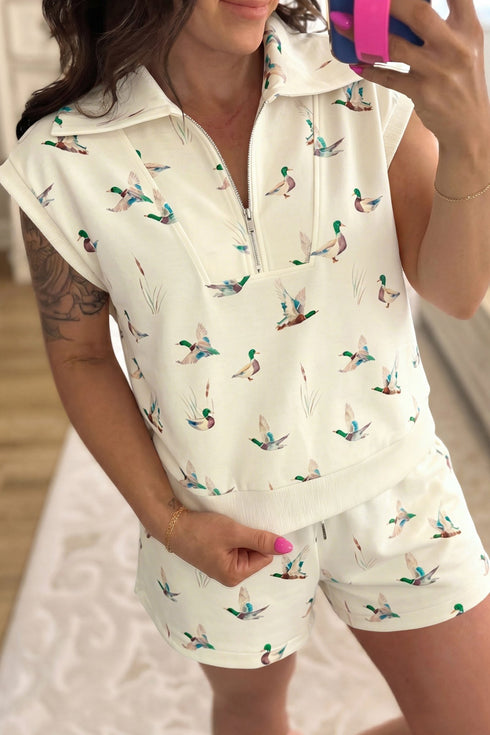 Beige Mallard Print Women's Casual Zip Polo Tee & Drawstring Shorts Set