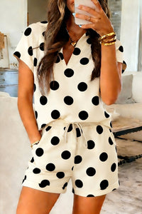 Beige Polka Dot V-Neck Tee and Shorts Set for Women - Stylish Casual Summer Outfit with Relaxed Comfort Fit