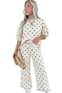 Beige Polka Dot Half Sleeve Loose Top Elastic Waist Casual Pants Set