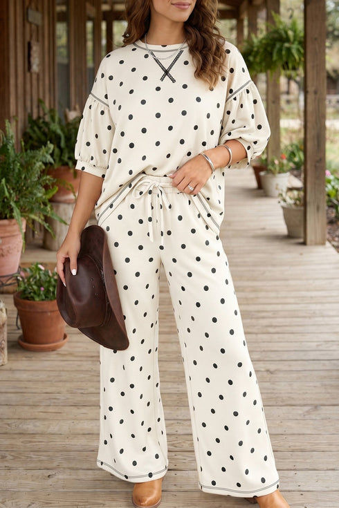 Beige Polka Dot Women's Casual Pants Set with Half Sleeves and Elastic Waist for Effortless Style and Comfort