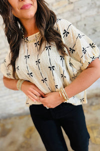 Women's Beige Puff Sleeve Bow Print Blouse in Blouses & Shirts