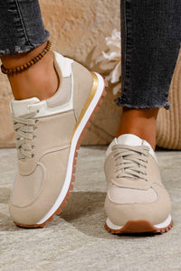 Women's Beige Retro Jogger Sneakers for Women - Chic Faux Suede Patchwork Design with Cozy Comfort and Trendy Style